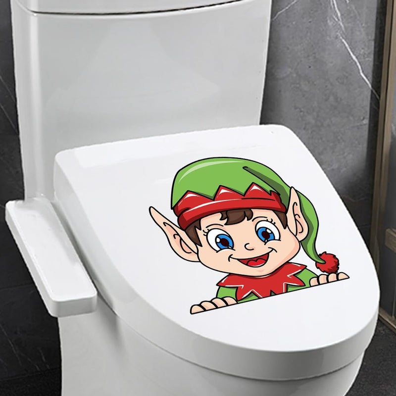 Iprokiu Christmas Toilet Sticker Funny Christmas Santa Claus Snowman Elf Toilet Seat Cover Decoration Waterproof Toilet Seat Lid Decal Bathroom Wall Sticker (Long Hat Elf) - Image 5